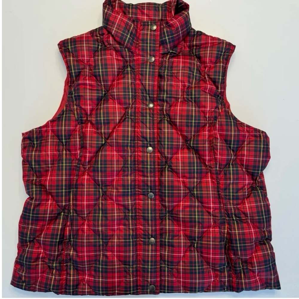 Lands End Vest Red Tartan Plaid Extra Large XL Down Feather Puffer Nylon